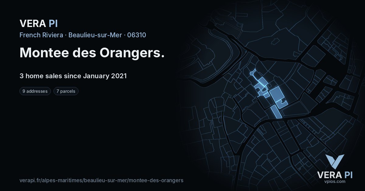 Montee des Orangers, Beaulieu-sur-Mer at night – every parcel coloured by the prices around it, the street's own parcels lit