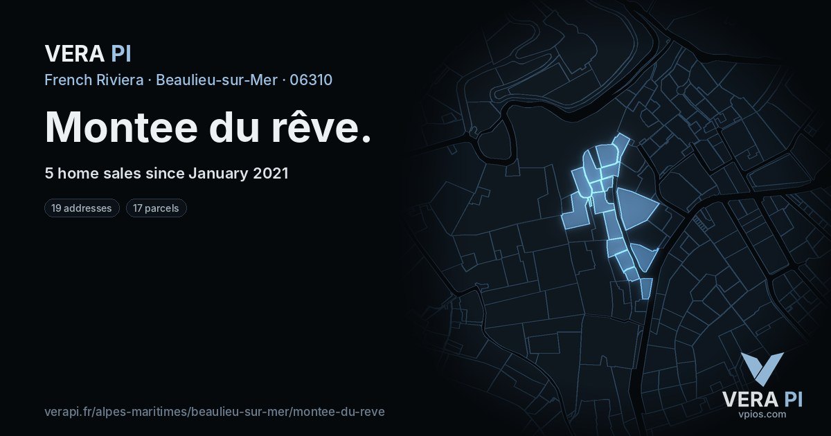 Montee du rêve, Beaulieu-sur-Mer at night – every parcel coloured by the prices around it, the street's own parcels lit