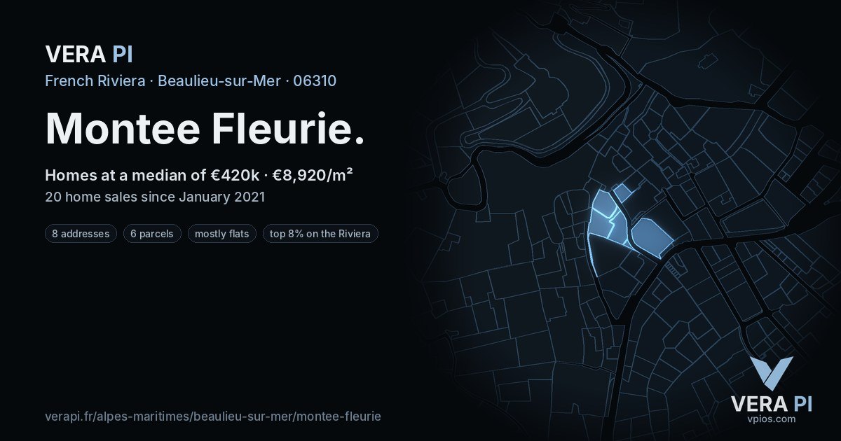 Montee Fleurie, Beaulieu-sur-Mer at night – every parcel coloured by the prices around it, the street's own parcels lit