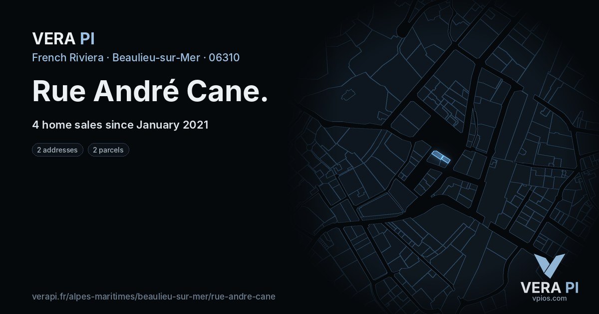 Rue André Cane, Beaulieu-sur-Mer at night – every parcel coloured by the prices around it, the street's own parcels lit