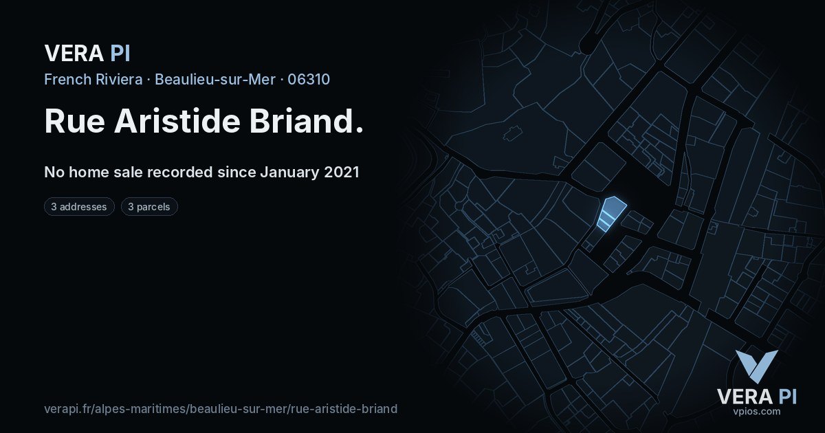 Rue Aristide Briand, Beaulieu-sur-Mer at night – every parcel coloured by the prices around it, the street's own parcels lit