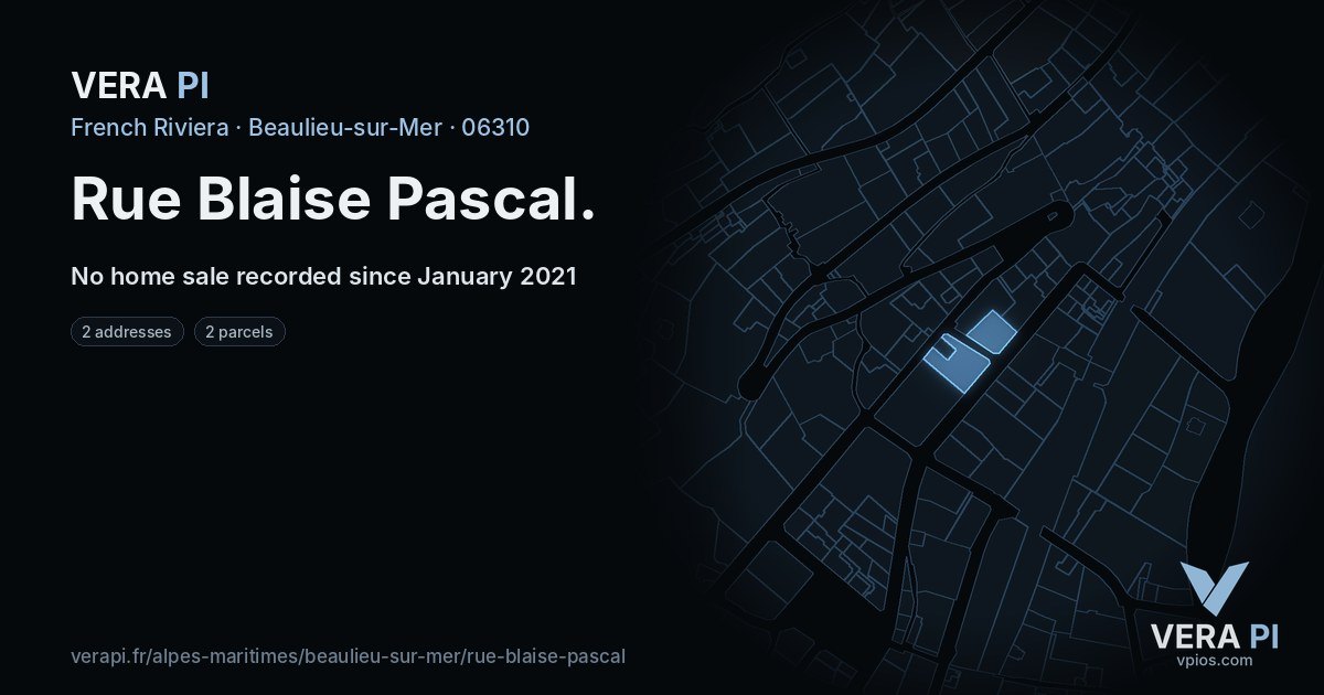Rue Blaise Pascal, Beaulieu-sur-Mer at night – every parcel coloured by the prices around it, the street's own parcels lit