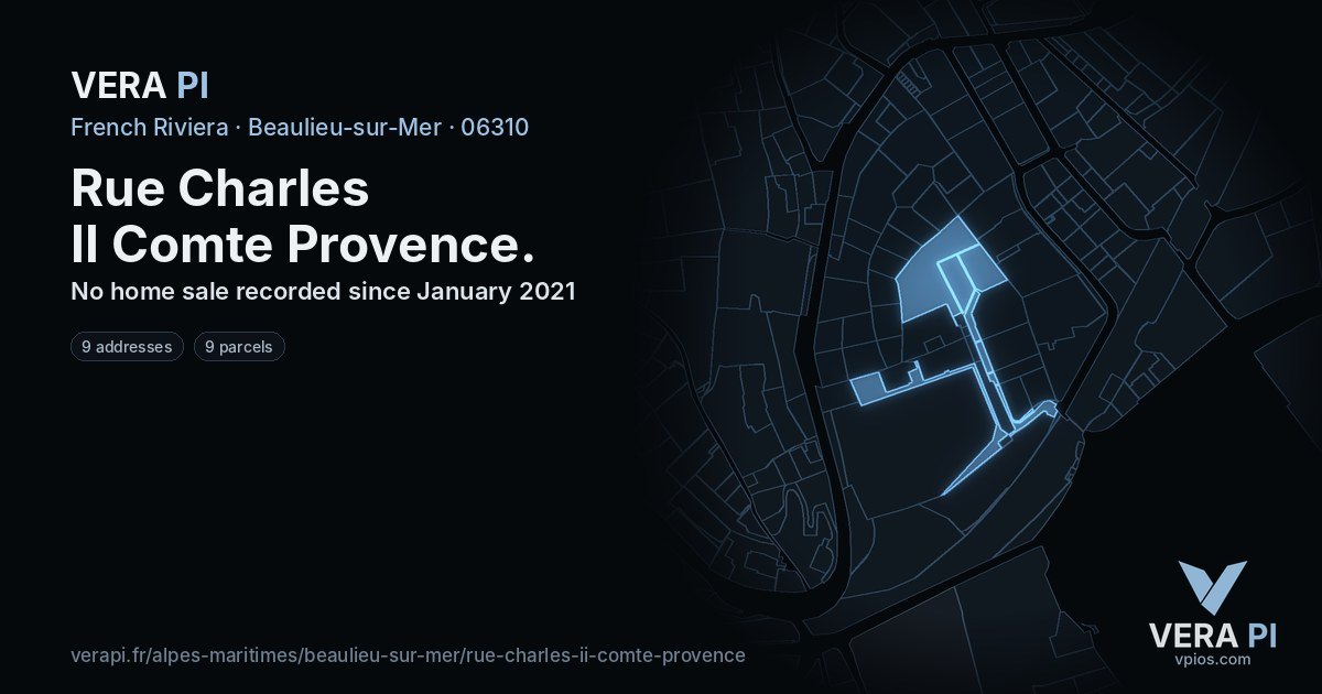 Rue Charles II Comte Provence, Beaulieu-sur-Mer at night – every parcel coloured by the prices around it, the street's own parcels lit