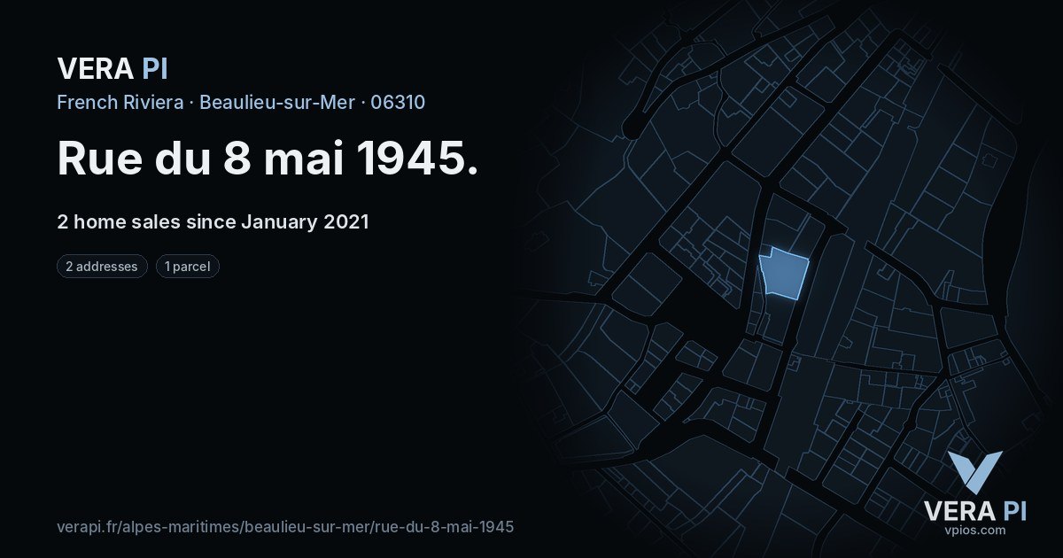 Rue du 8 mai 1945, Beaulieu-sur-Mer at night – every parcel coloured by the prices around it, the street's own parcels lit