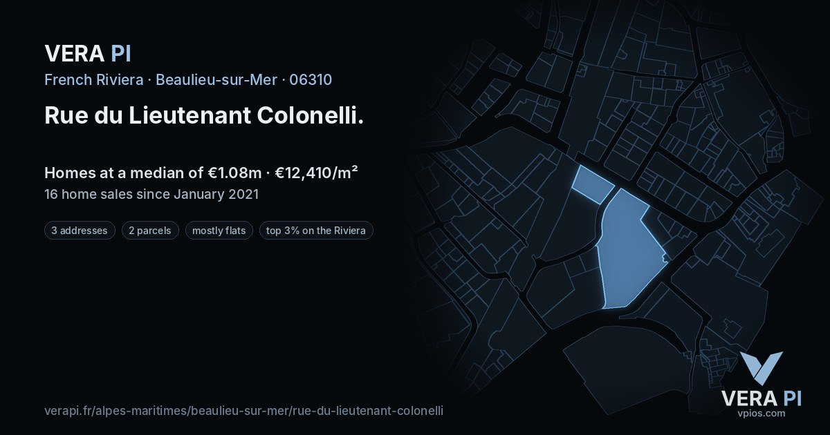 Rue du Lieutenant Colonelli, Beaulieu-sur-Mer at night – every parcel coloured by the prices around it, the street's own parcels lit