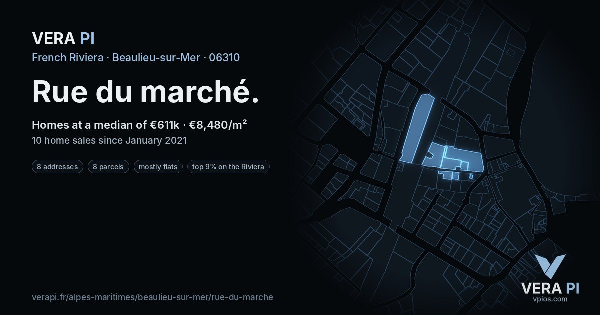 Rue du marché, Beaulieu-sur-Mer at night – every parcel coloured by the prices around it, the street's own parcels lit