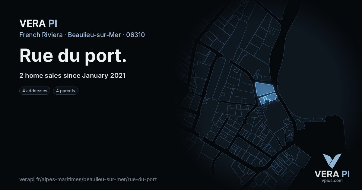 Rue du port, Beaulieu-sur-Mer at night – every parcel coloured by the prices around it, the street's own parcels lit