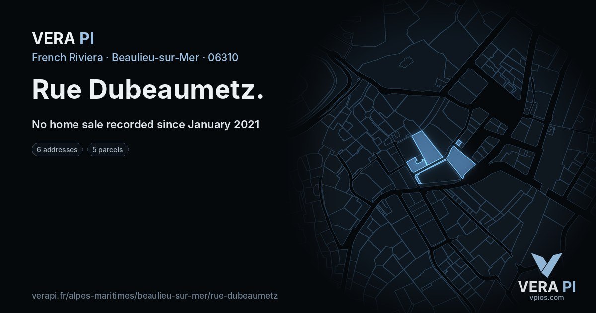 Rue Dubeaumetz, Beaulieu-sur-Mer at night – every parcel coloured by the prices around it, the street's own parcels lit