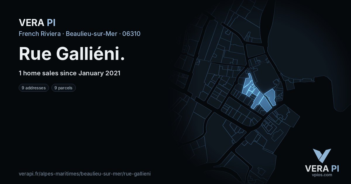Rue Galliéni, Beaulieu-sur-Mer at night – every parcel coloured by the prices around it, the street's own parcels lit