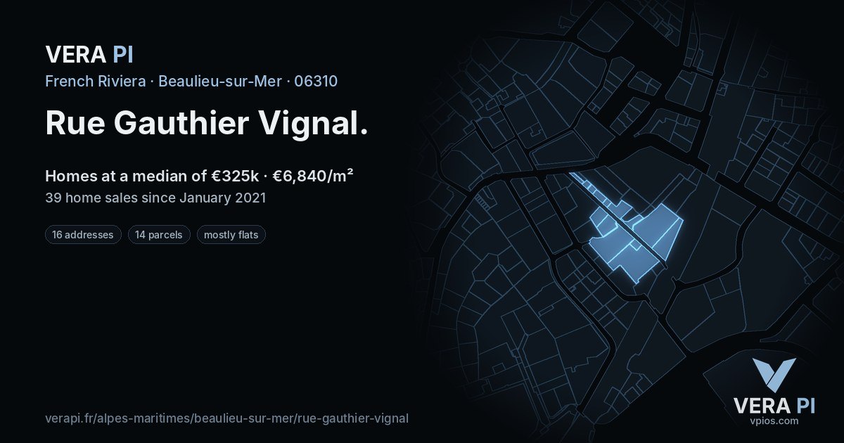 Rue Gauthier Vignal, Beaulieu-sur-Mer at night – every parcel coloured by the prices around it, the street's own parcels lit