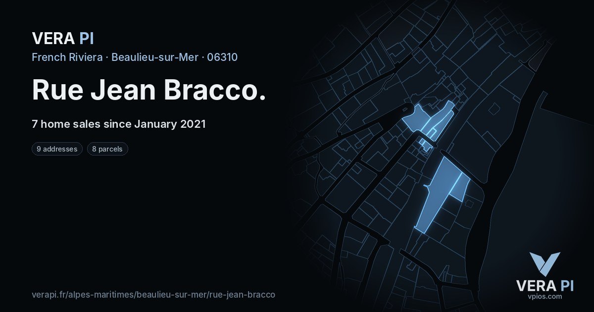 Rue Jean Bracco, Beaulieu-sur-Mer at night – every parcel coloured by the prices around it, the street's own parcels lit