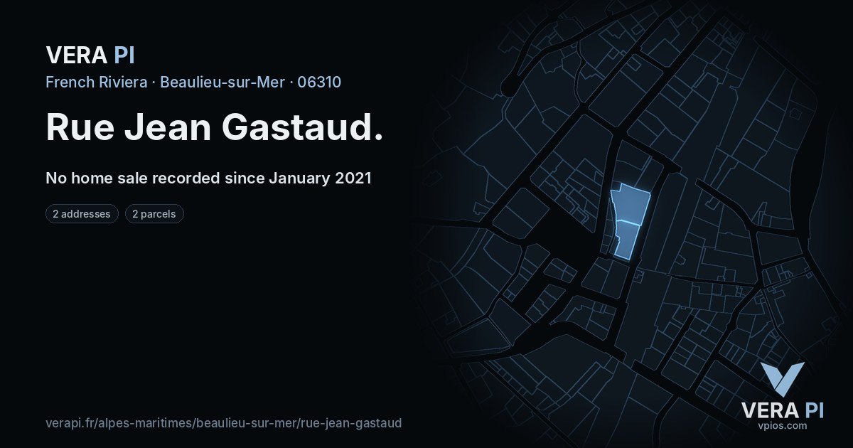 Rue Jean Gastaud, Beaulieu-sur-Mer at night – every parcel coloured by the prices around it, the street's own parcels lit