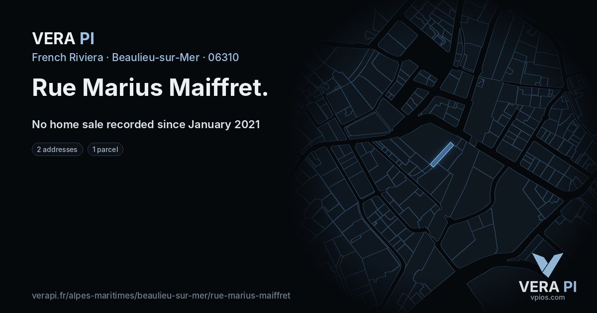 Rue Marius Maiffret, Beaulieu-sur-Mer at night – every parcel coloured by the prices around it, the street's own parcels lit