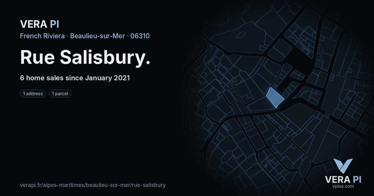 Rue Salisbury, Beaulieu-sur-Mer at night – every parcel coloured by the prices around it, the street's own parcels lit