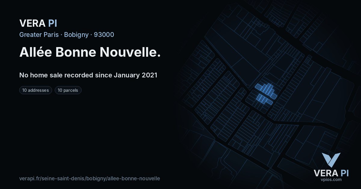 Allée Bonne Nouvelle, Bobigny at night – every parcel coloured by the prices around it, the street's own parcels lit