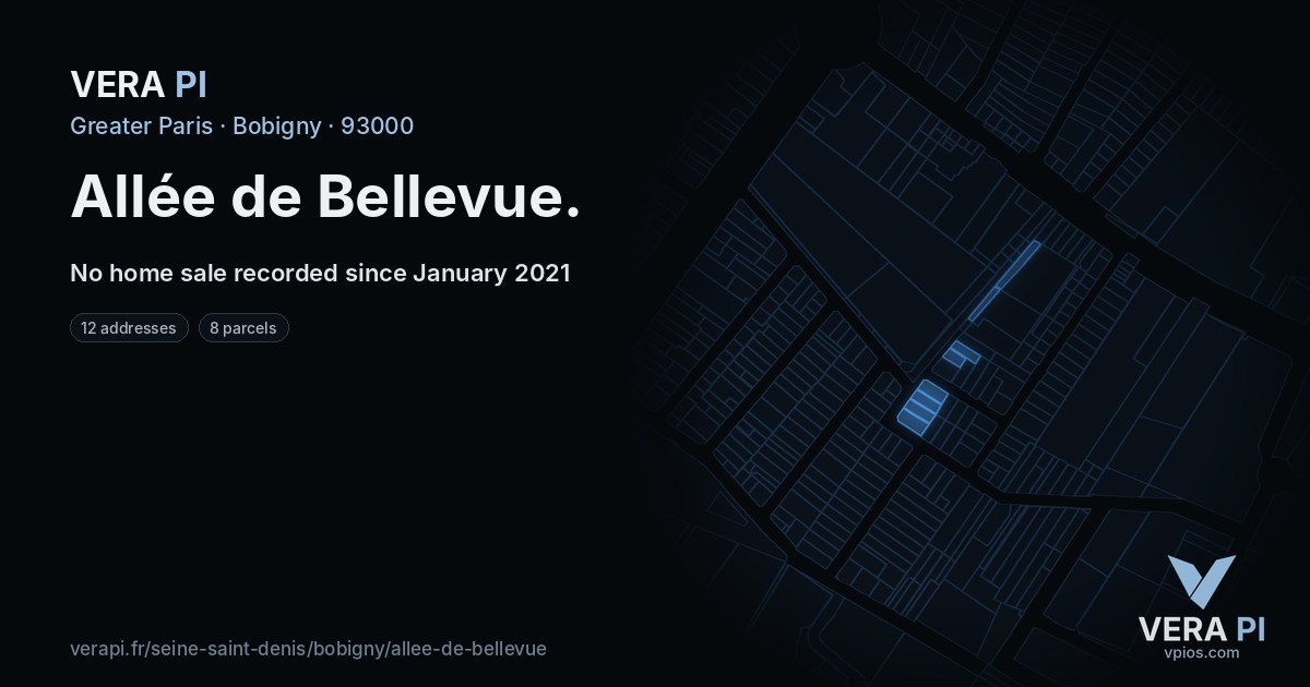 Allée de Bellevue, Bobigny at night – every parcel coloured by the prices around it, the street's own parcels lit