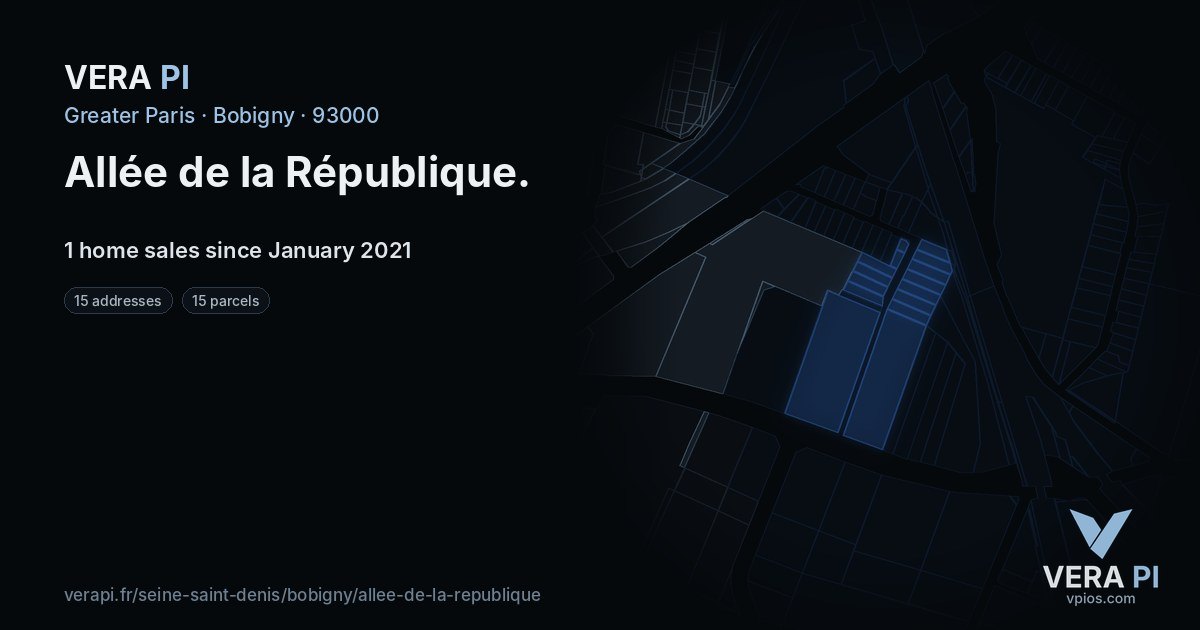Allée de la République, Bobigny at night – every parcel coloured by the prices around it, the street's own parcels lit
