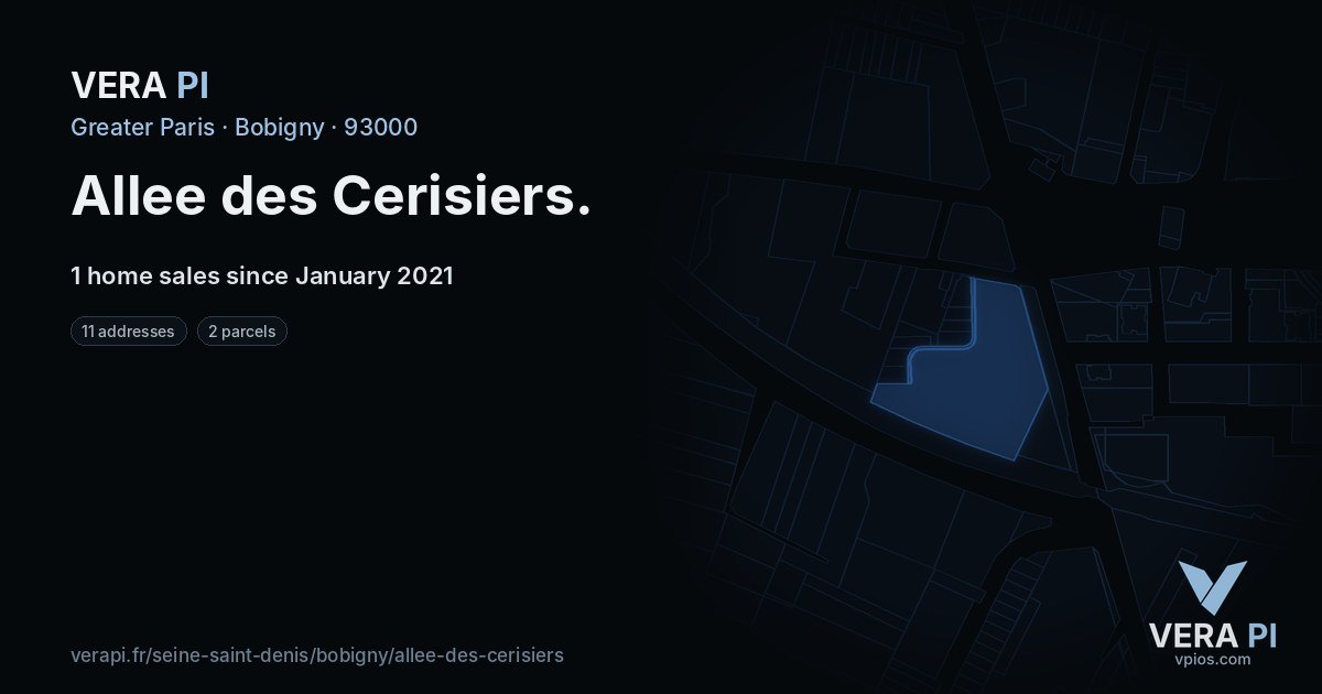 Allee des Cerisiers, Bobigny at night – every parcel coloured by the prices around it, the street's own parcels lit