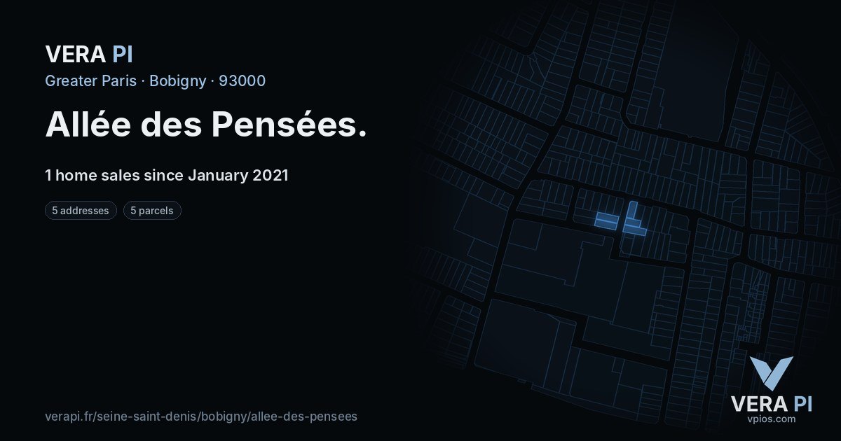 Allée des Pensées, Bobigny at night – every parcel coloured by the prices around it, the street's own parcels lit