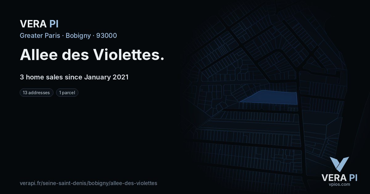 Allee des Violettes, Bobigny at night – every parcel coloured by the prices around it, the street's own parcels lit