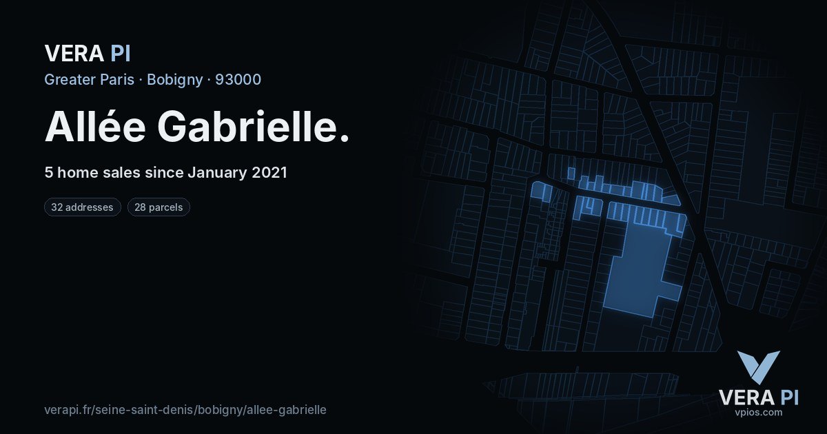 Allée Gabrielle, Bobigny at night – every parcel coloured by the prices around it, the street's own parcels lit