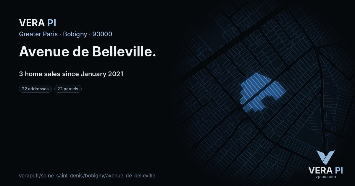 Avenue de Belleville, Bobigny at night – every parcel coloured by the prices around it, the street's own parcels lit
