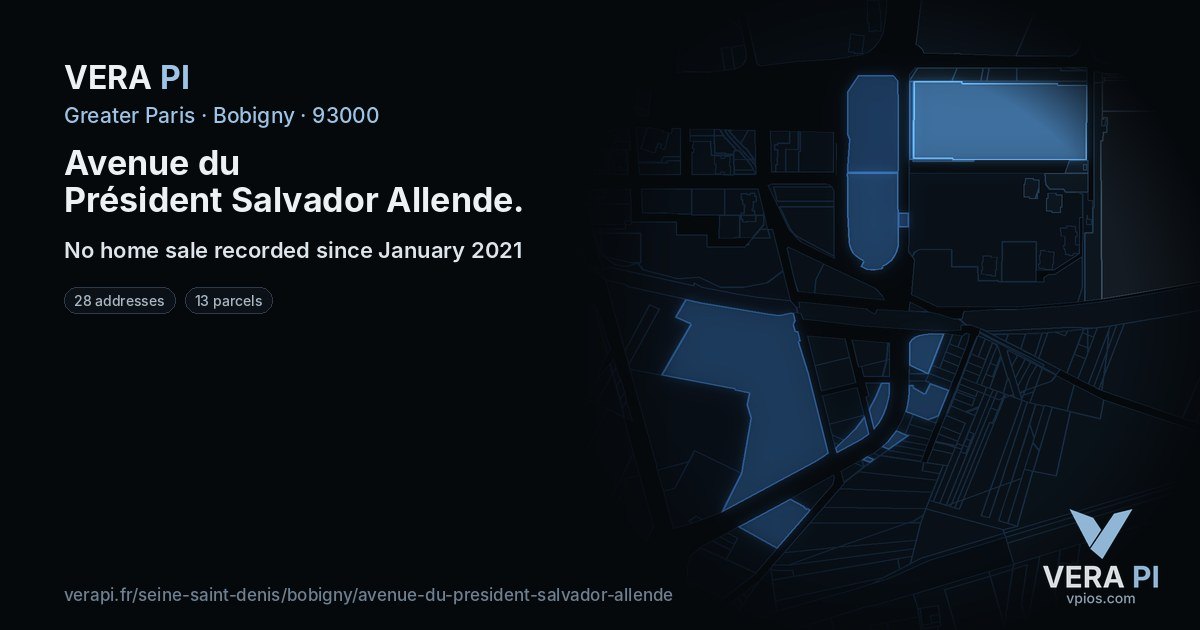 Avenue du Président Salvador Allende, Bobigny at night – every parcel coloured by the prices around it, the street's own parcels lit