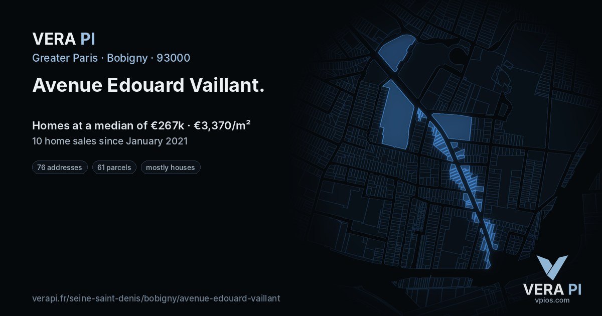 Avenue Edouard Vaillant, Bobigny at night – every parcel coloured by the prices around it, the street's own parcels lit