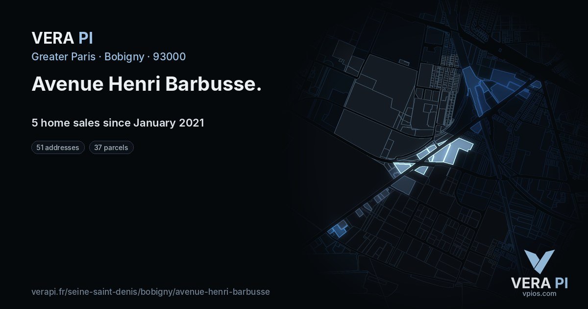 Avenue Henri Barbusse, Bobigny at night – every parcel coloured by the prices around it, the street's own parcels lit