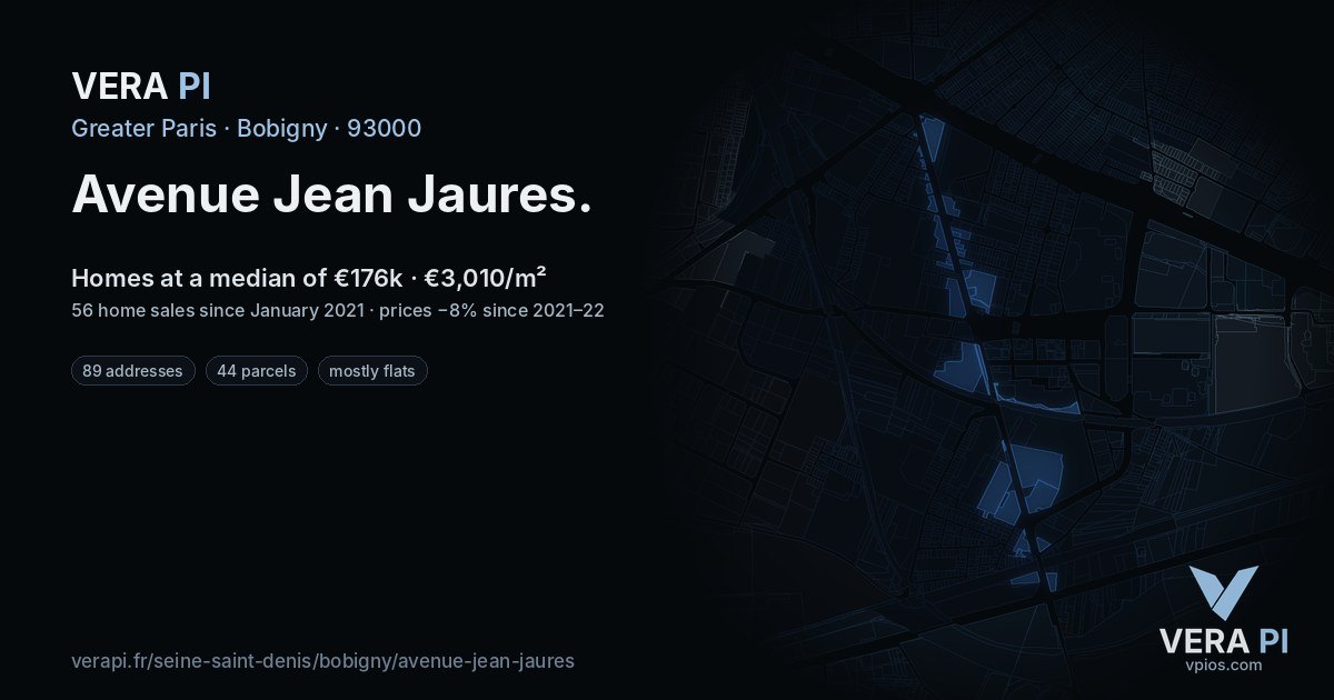 Avenue Jean Jaures, Bobigny at night – every parcel coloured by the prices around it, the street's own parcels lit