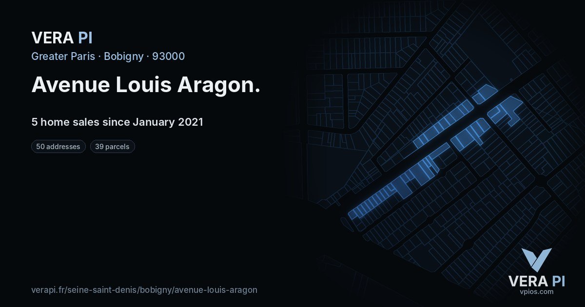 Avenue Louis Aragon, Bobigny at night – every parcel coloured by the prices around it, the street's own parcels lit