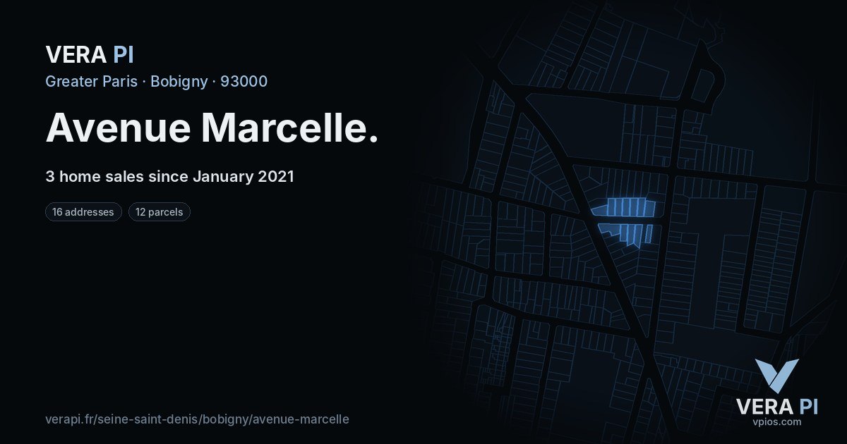 Avenue Marcelle, Bobigny at night – every parcel coloured by the prices around it, the street's own parcels lit