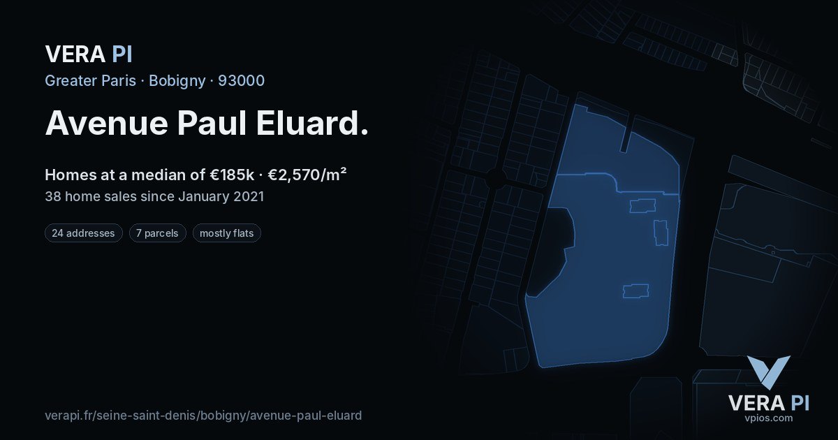 Avenue Paul Eluard, Bobigny at night – every parcel coloured by the prices around it, the street's own parcels lit