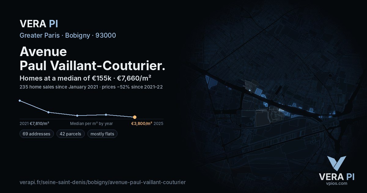 Avenue Paul Vaillant-Couturier, Bobigny at night – every parcel coloured by the prices around it, the street's own parcels lit