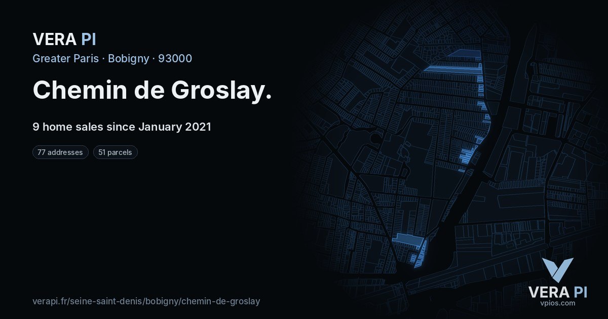 Chemin de Groslay, Bobigny at night – every parcel coloured by the prices around it, the street's own parcels lit