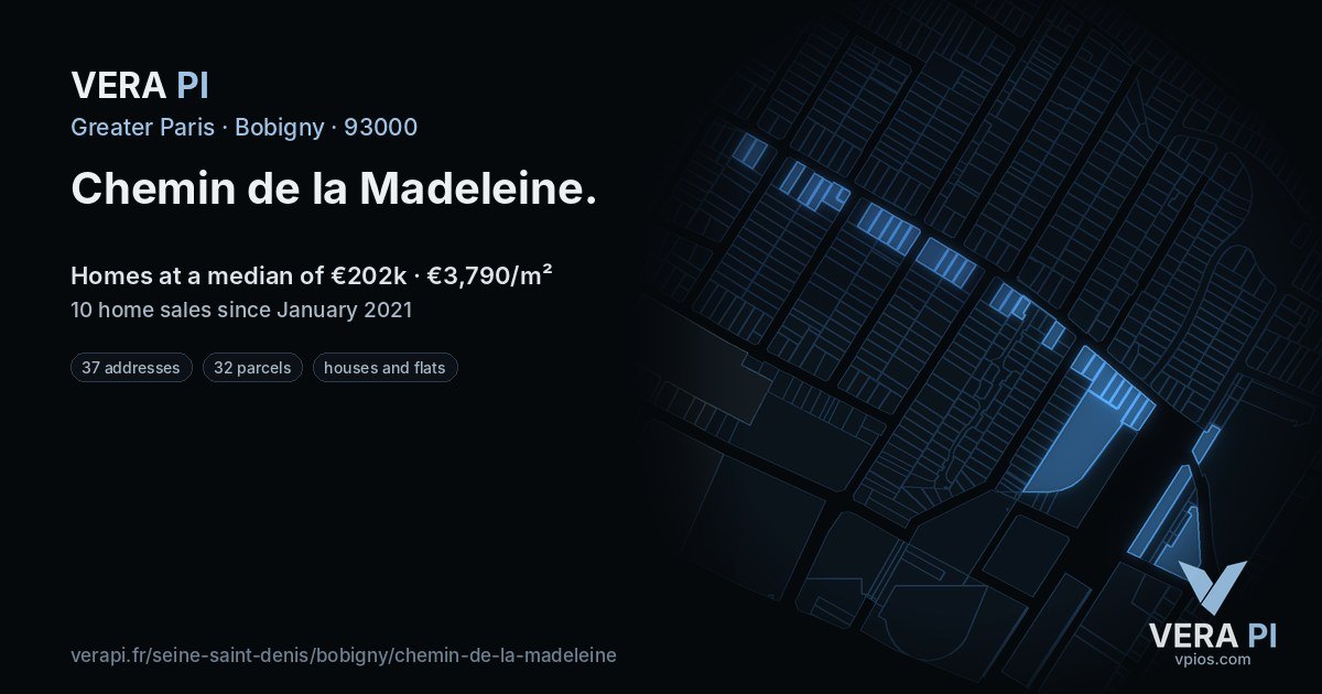 Chemin de la Madeleine, Bobigny at night – every parcel coloured by the prices around it, the street's own parcels lit