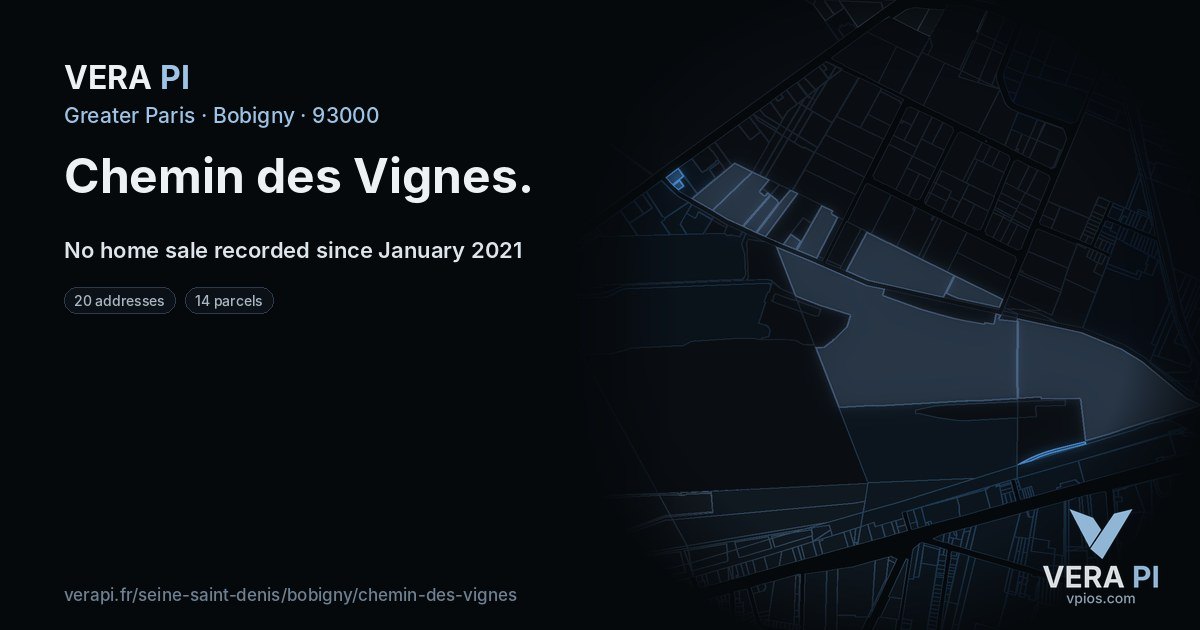 Chemin des Vignes, Bobigny at night – every parcel coloured by the prices around it, the street's own parcels lit