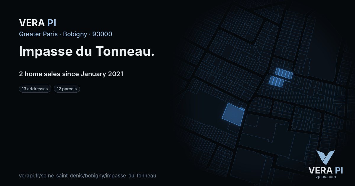 Impasse du Tonneau, Bobigny at night – every parcel coloured by the prices around it, the street's own parcels lit