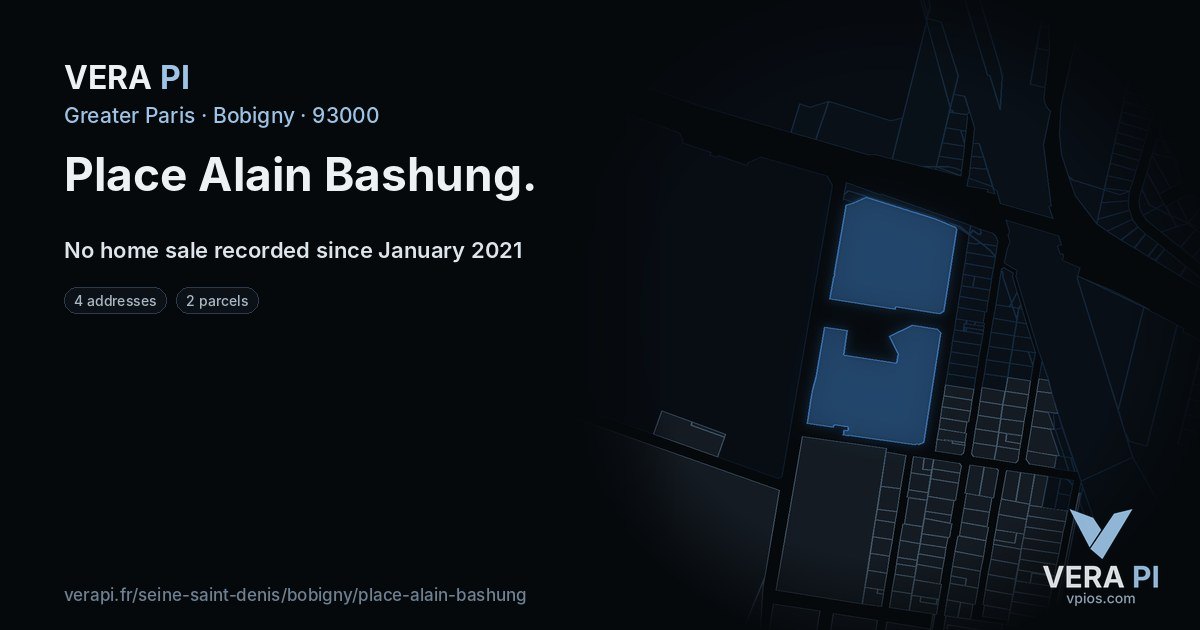 Place Alain Bashung, Bobigny at night – every parcel coloured by the prices around it, the street's own parcels lit
