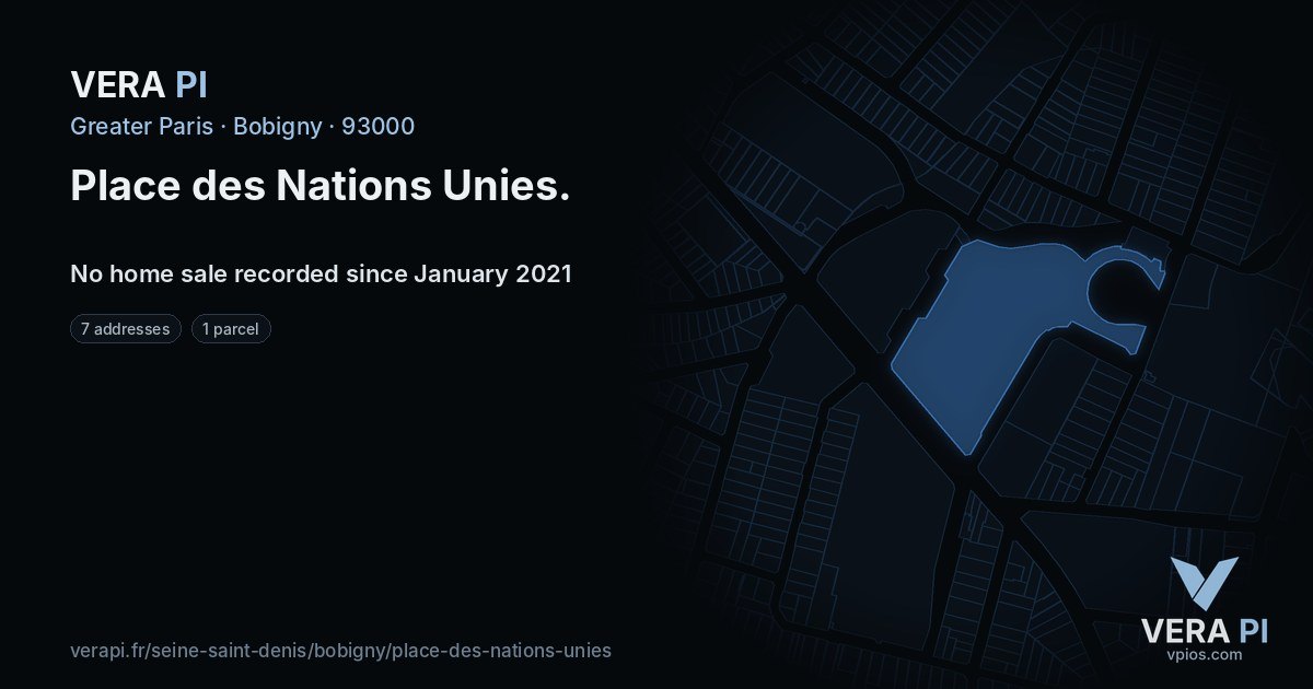 Place des Nations Unies, Bobigny at night – every parcel coloured by the prices around it, the street's own parcels lit