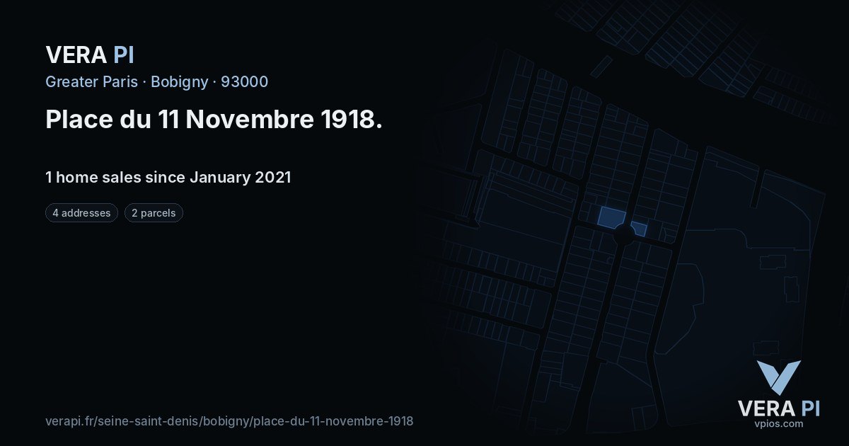 Place du 11 Novembre 1918, Bobigny at night – every parcel coloured by the prices around it, the street's own parcels lit