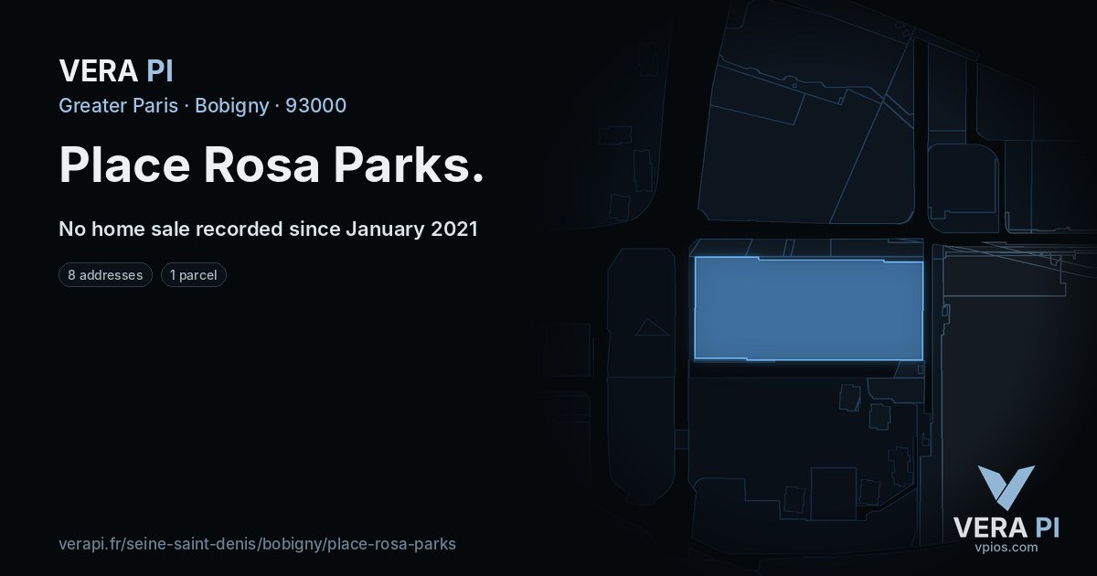 Place Rosa Parks, Bobigny at night – every parcel coloured by the prices around it, the street's own parcels lit