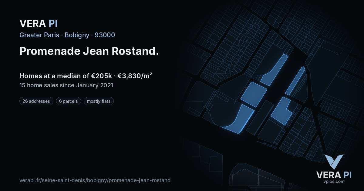 Promenade Jean Rostand, Bobigny at night – every parcel coloured by the prices around it, the street's own parcels lit