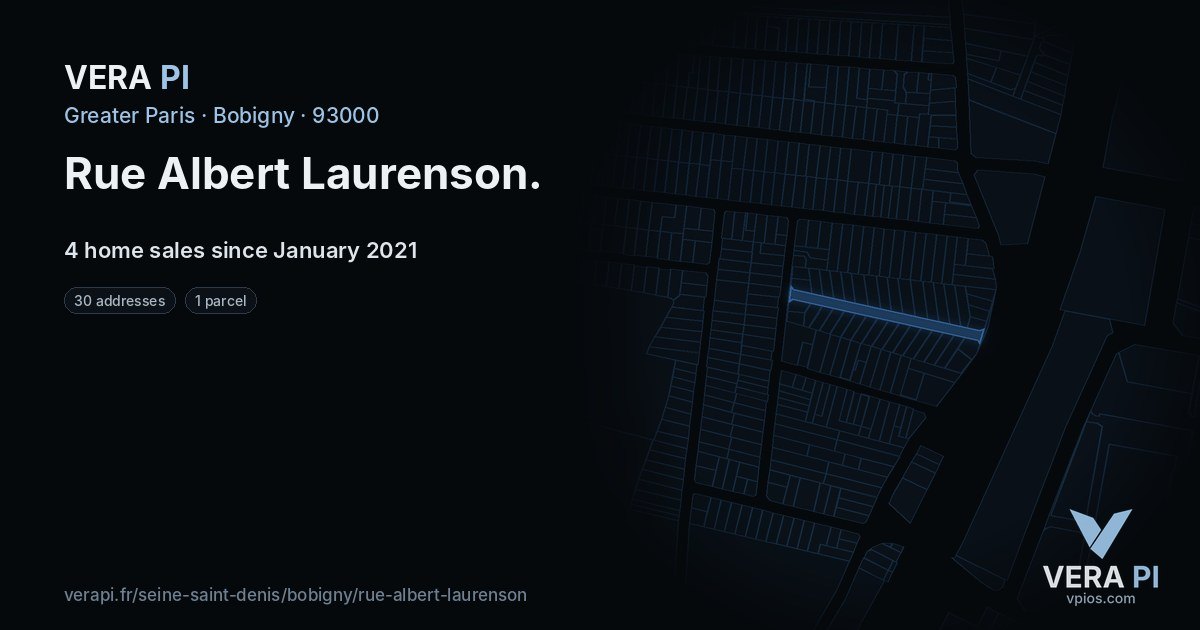 Rue Albert Laurenson, Bobigny at night – every parcel coloured by the prices around it, the street's own parcels lit