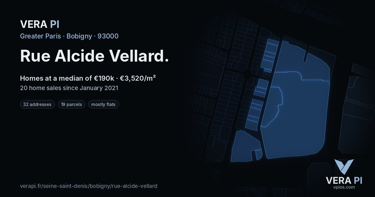 Rue Alcide Vellard, Bobigny at night – every parcel coloured by the prices around it, the street's own parcels lit