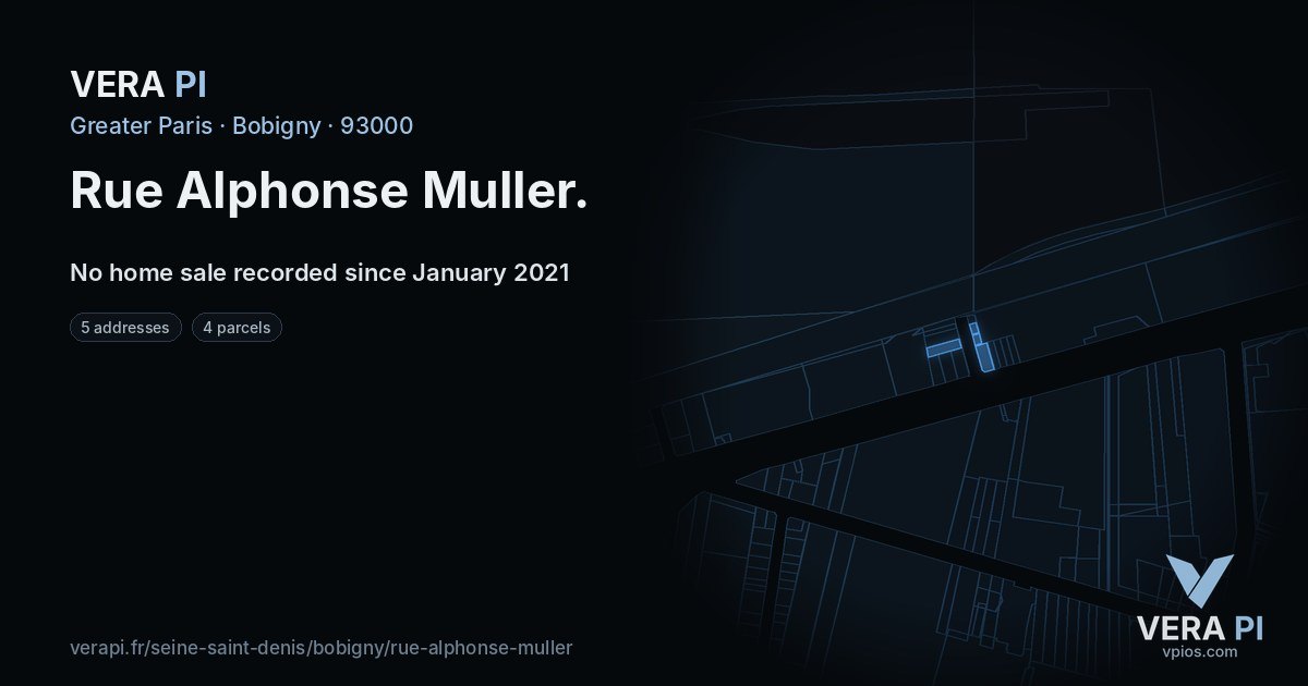 Rue Alphonse Muller, Bobigny at night – every parcel coloured by the prices around it, the street's own parcels lit