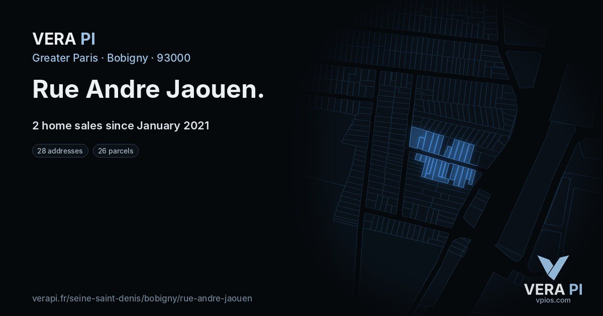 Rue Andre Jaouen, Bobigny at night – every parcel coloured by the prices around it, the street's own parcels lit