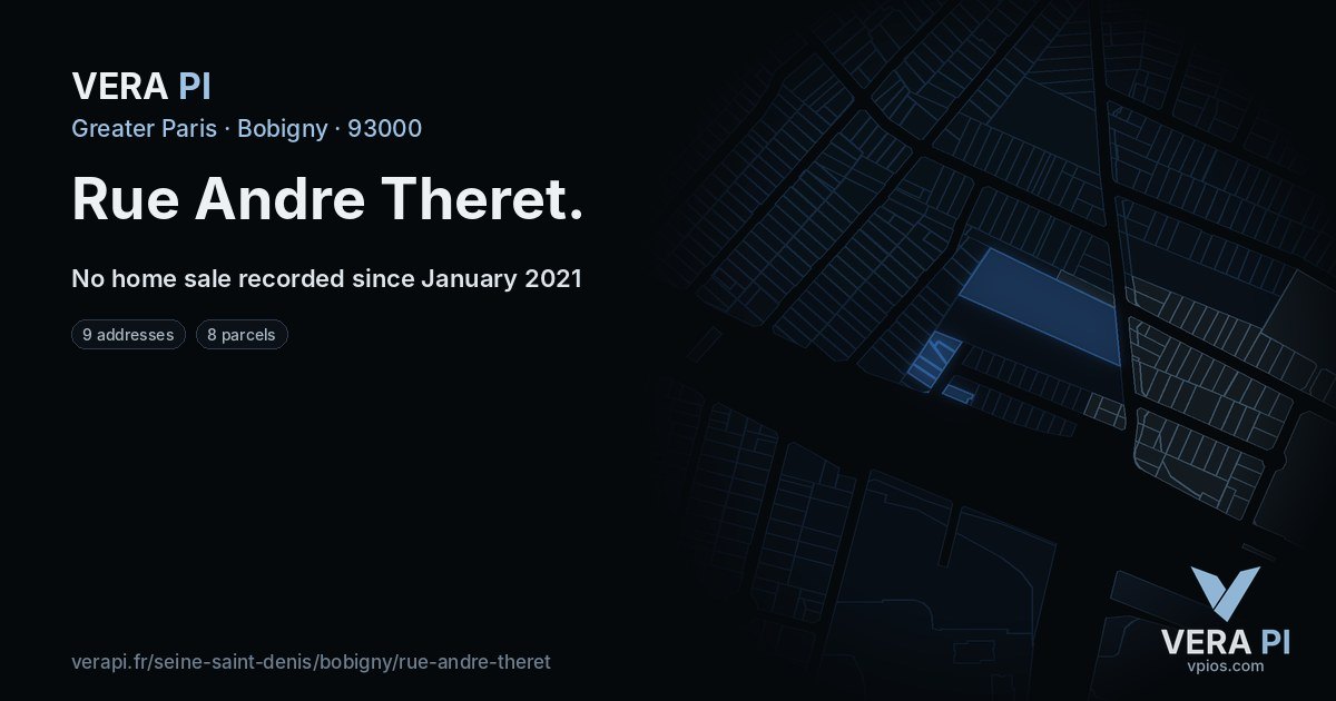 Rue Andre Theret, Bobigny at night – every parcel coloured by the prices around it, the street's own parcels lit