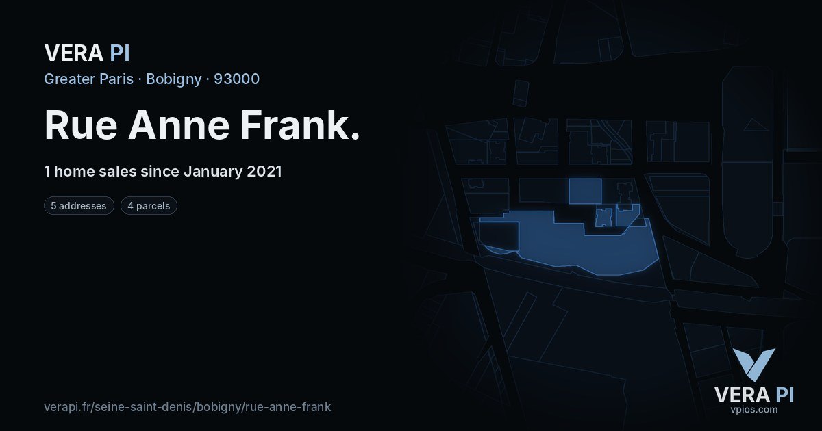 Rue Anne Frank, Bobigny at night – every parcel coloured by the prices around it, the street's own parcels lit