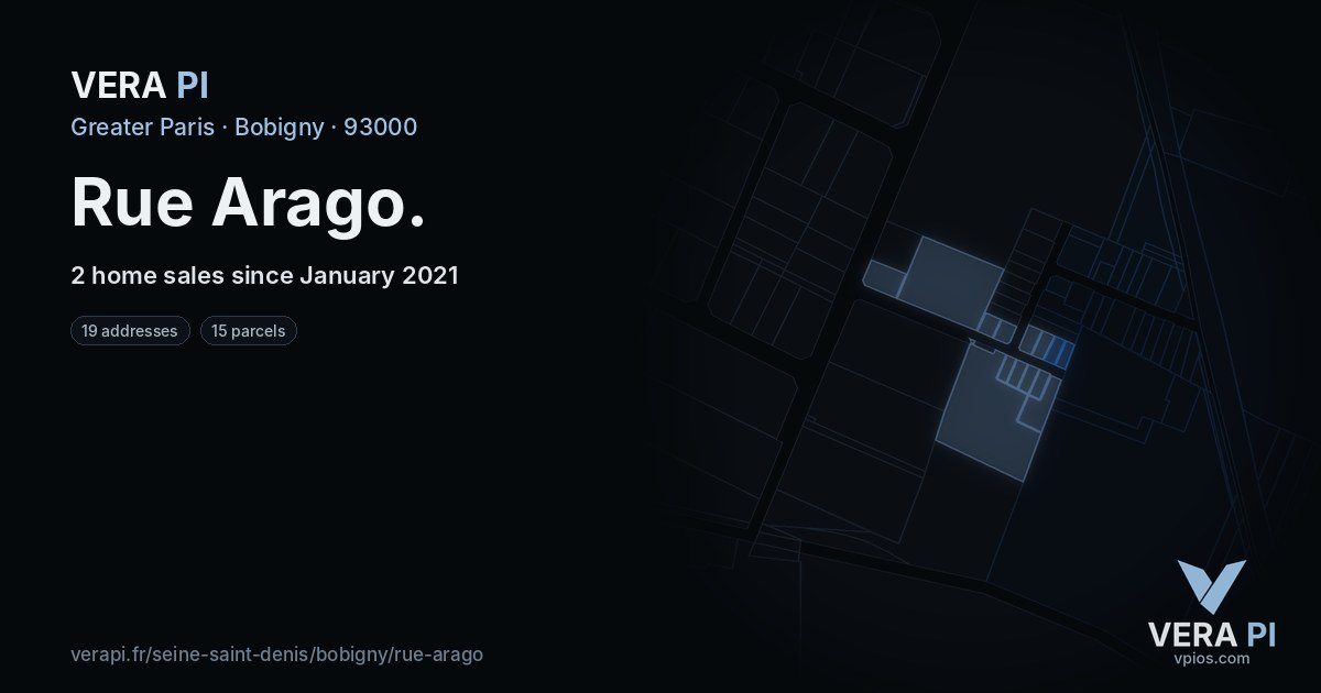 Rue Arago, Bobigny at night – every parcel coloured by the prices around it, the street's own parcels lit